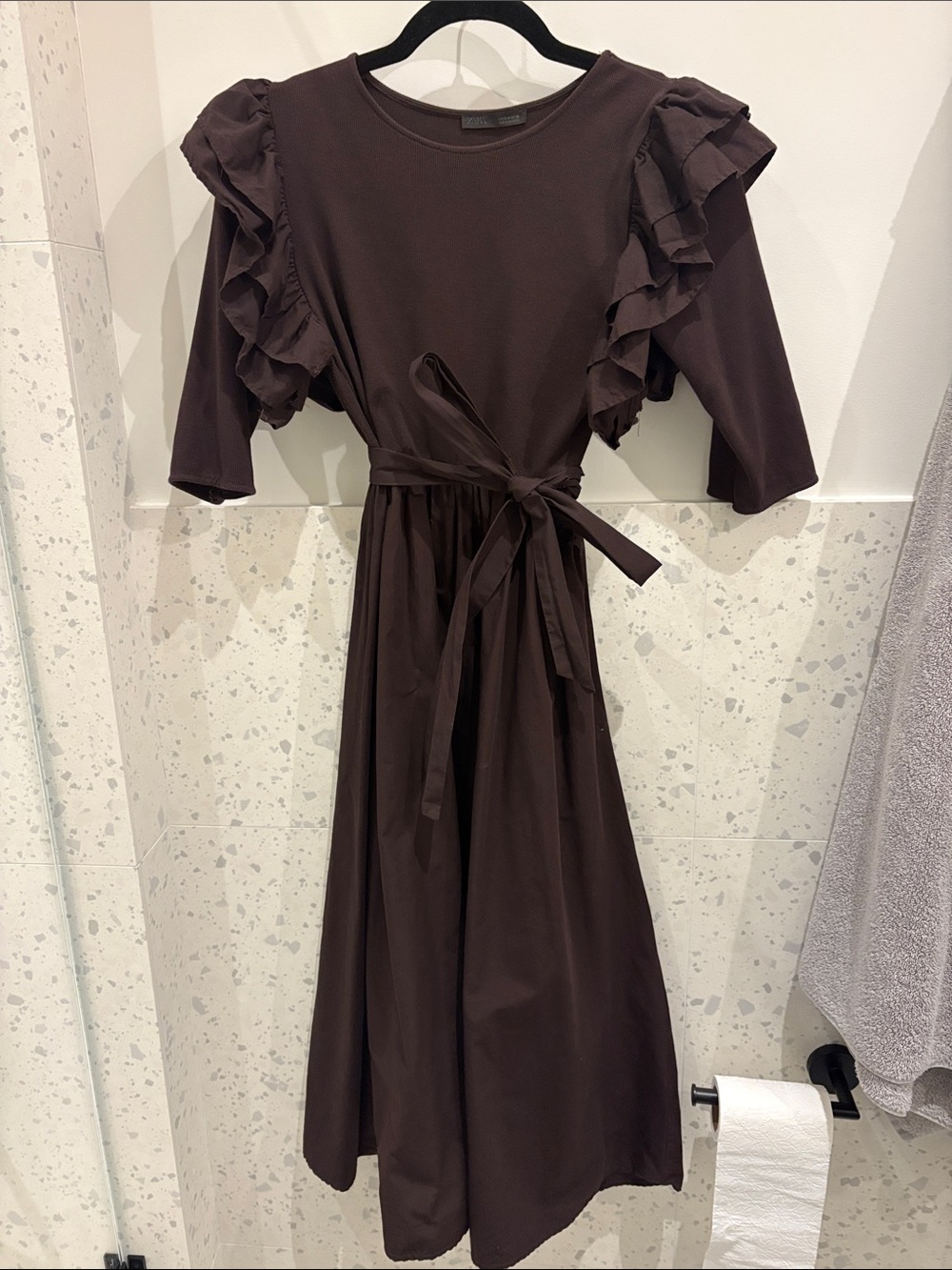 Zara Chocolate Brown Ruffle-Sleeve Midi Dress